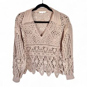 Solitaire Crochet Lace Sweater Size Medium Scalloped Hem Collar Cream Beige Boho